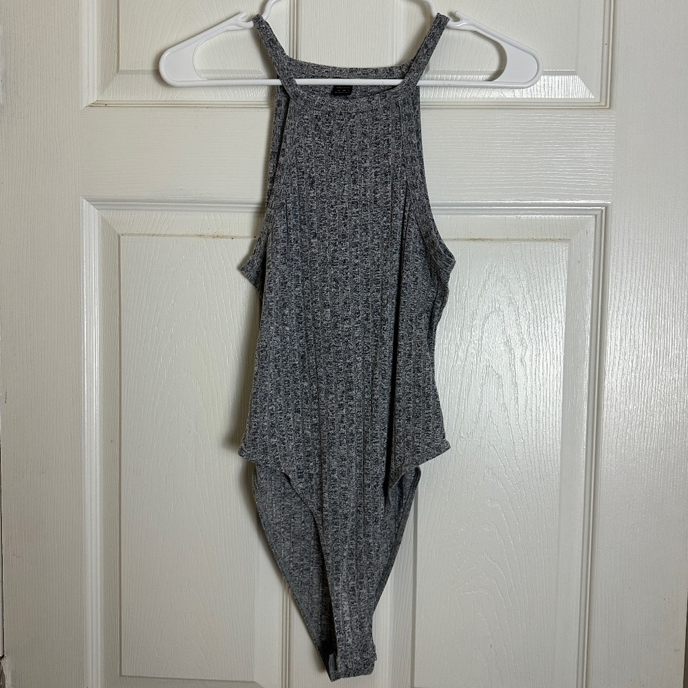 ! SHEIN Gray High Neck Sleeveless Ribbed Bodysuit Women Size XS